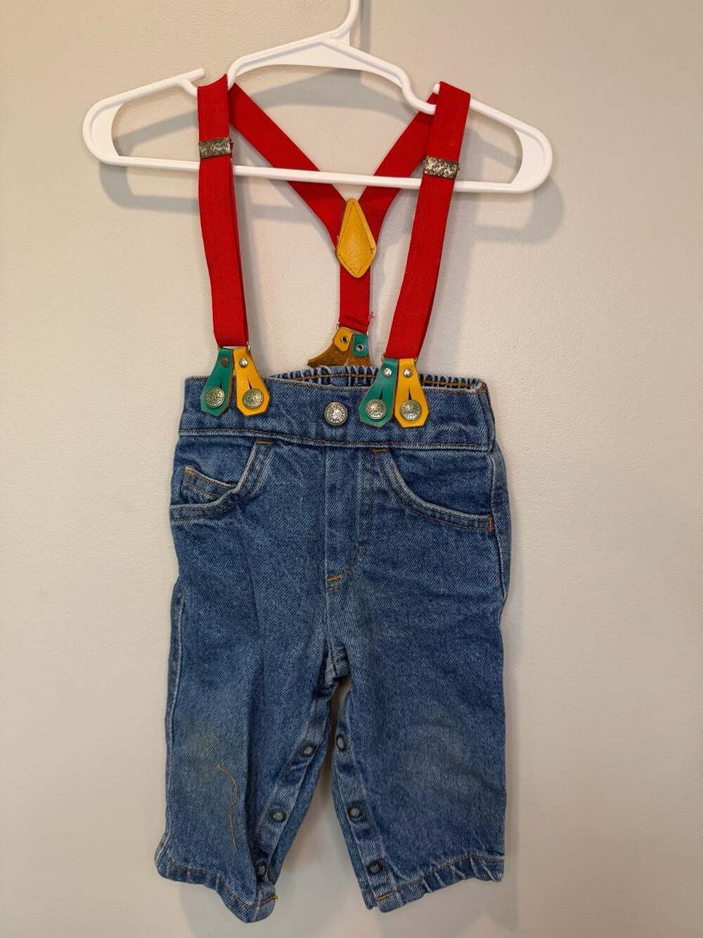 Vintage Levi's Denim Pants With Red Suspenders Size 12M Blue